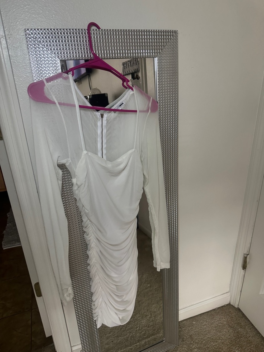 Fashion Nova White Ruched Long-Sleeve Mini Dress
